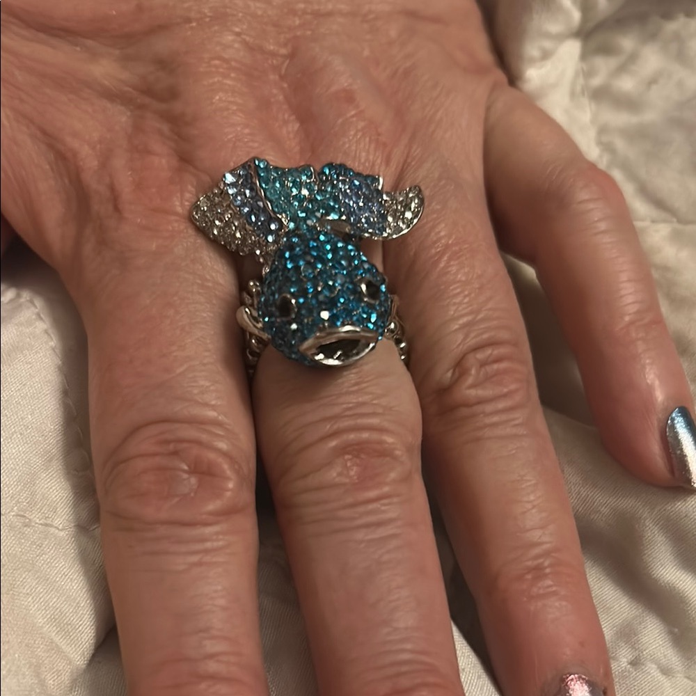 Blue and Silver Fish Ring with Sparkling‎ Stones